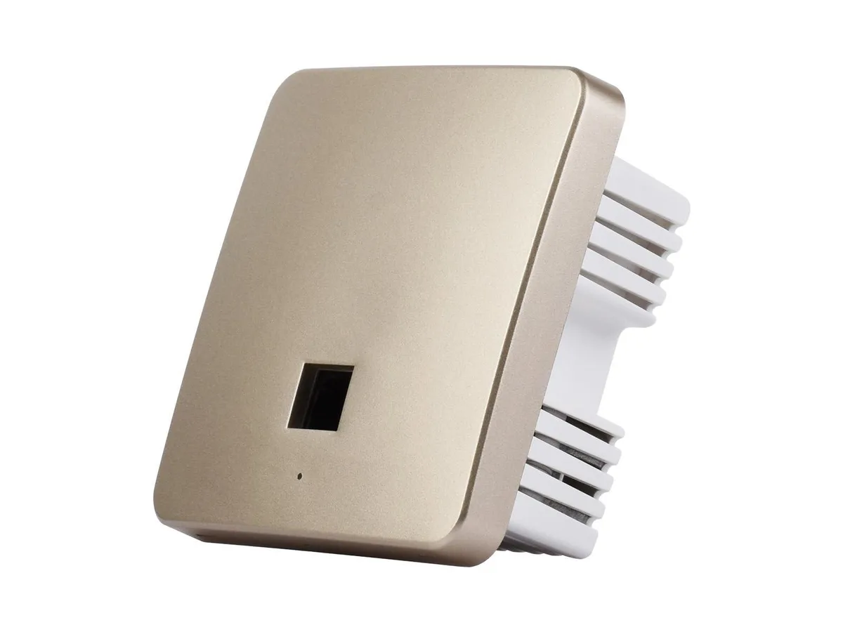 Square light gold wall-mounted access point, 86 by 86 by 42 mm