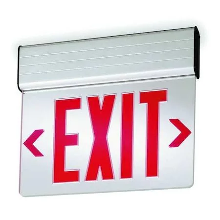 Silver edge-lit exit sign, aluminium housing, two red faces with selectable chevrons