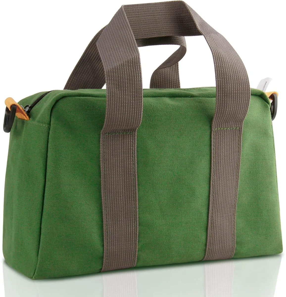 Green nylon tool tote with zipper top and carry handle, 11.8 by 4.7 by 7 inches