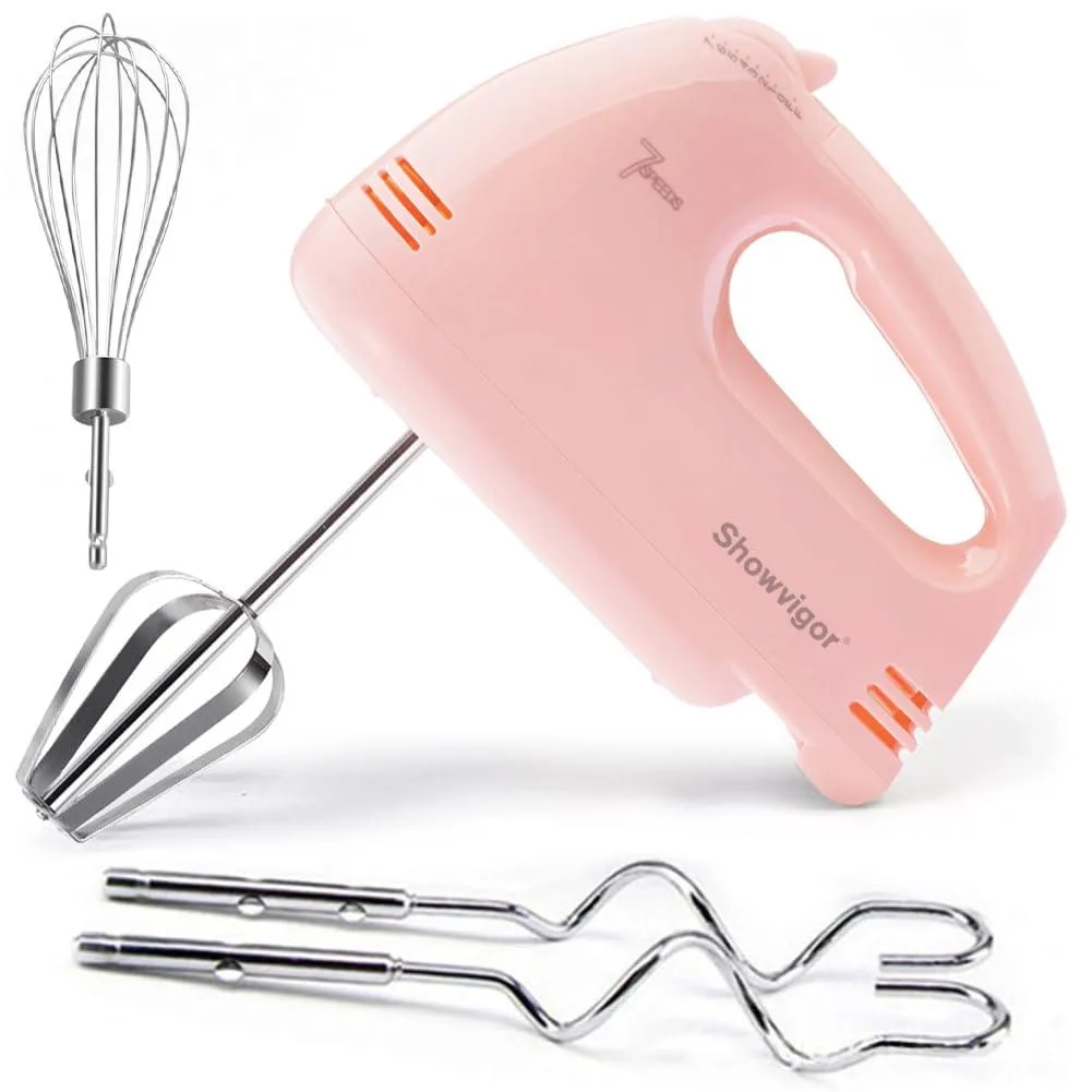 Pink handheld electric hand mixer with five stainless steel beaters and whisk attachments