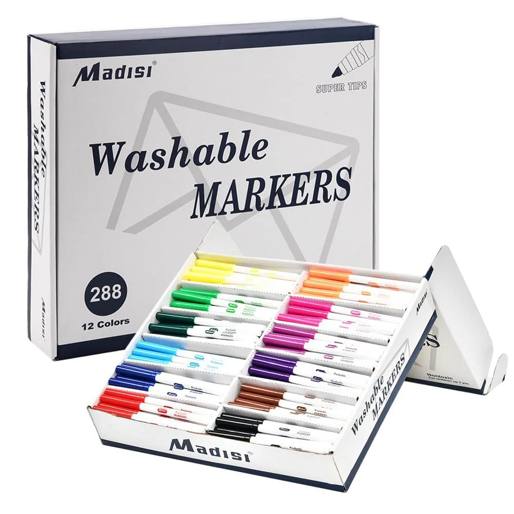Cardboard box containing 288 washable markers in 12 assorted colors