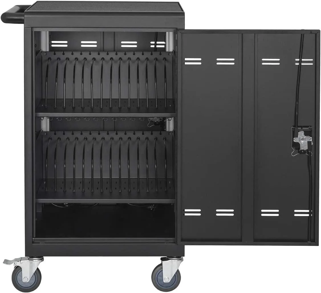 AVerCharge 30 charging cabinet on wheels, grey metal frame with ventilated side panels, front door open showing numbered device slots
