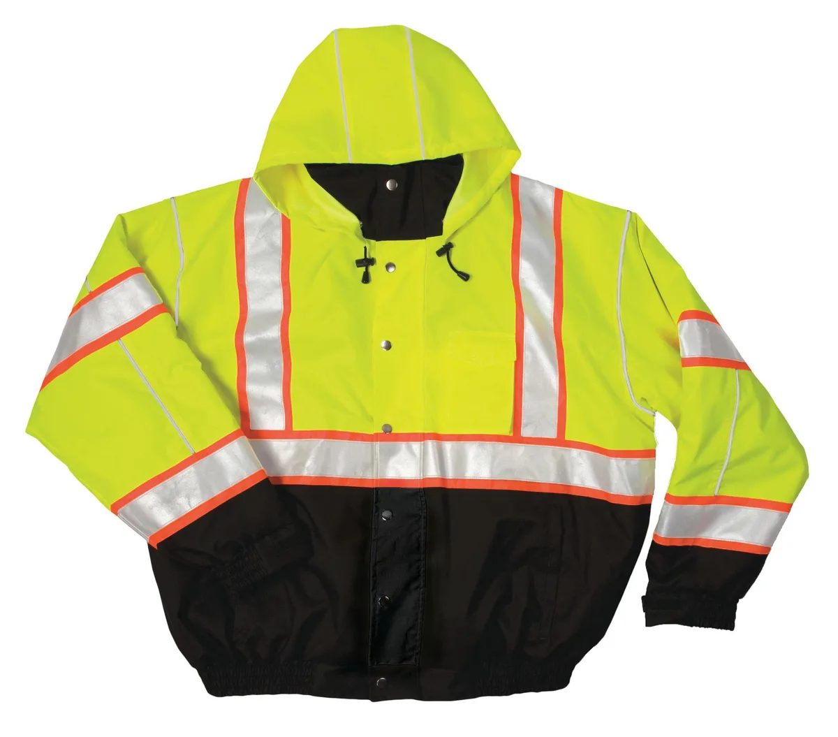 Lime and black hi-vis bomber jacket with reflective piping and zip front