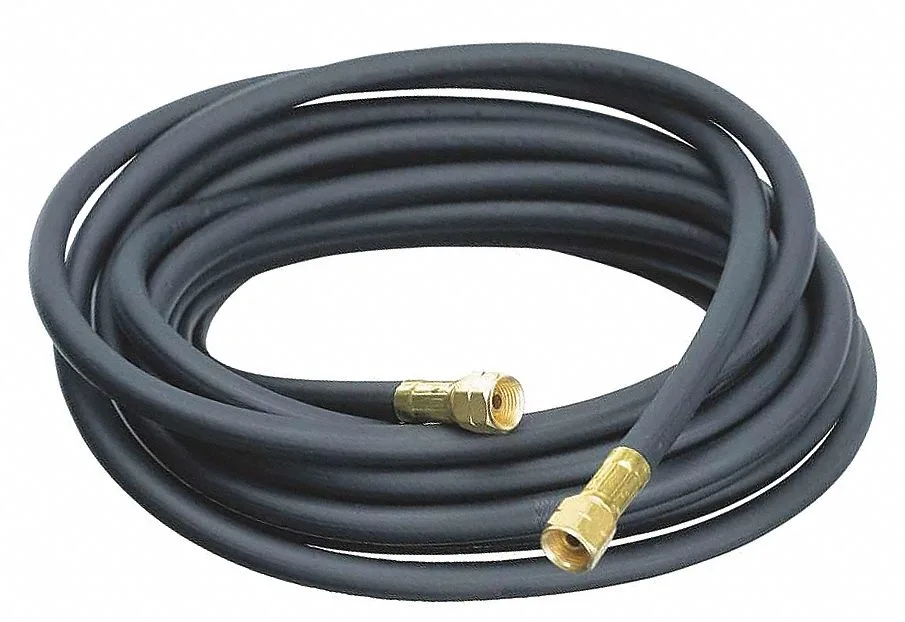Black rubber propane hose 25 ft long with brass fittings on both ends