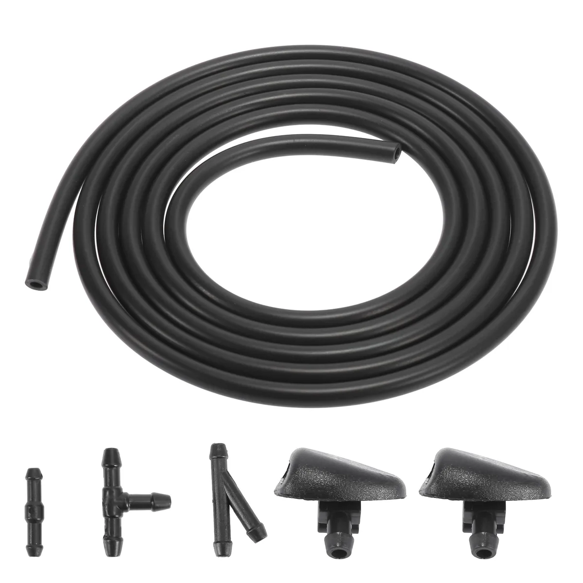 Black plastic windshield washer nozzle kit with hose and connectors