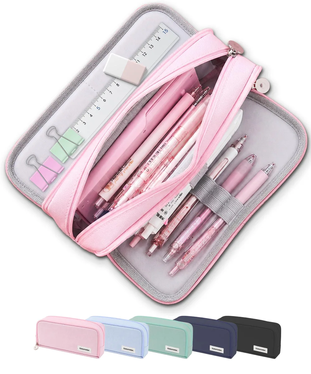  FAHZON pencilcase-pink illustration 3 compartments pink 9.25×2.95×3.74 in — product photo
