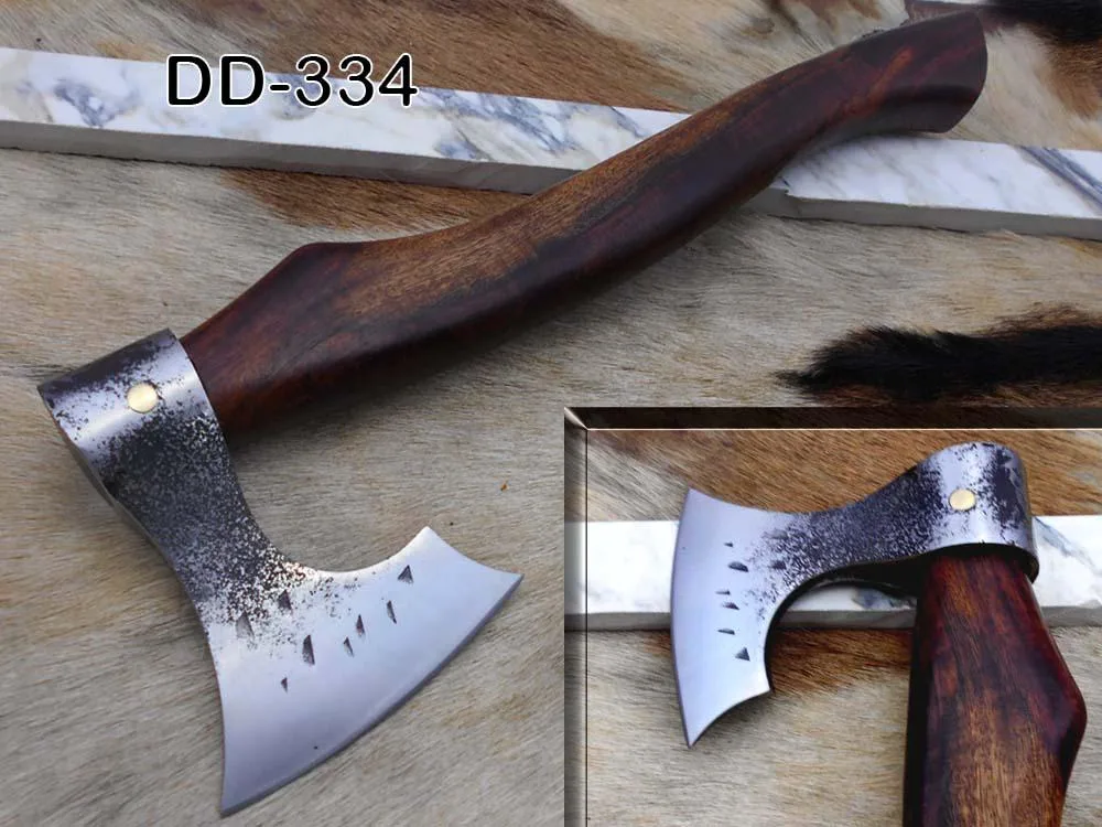 Damascus Depot Damascus Depot Bearded Hiking Battle Axe 15 Inches High Carbon Steel Rose Wood Handle Leather Sheath — product photo