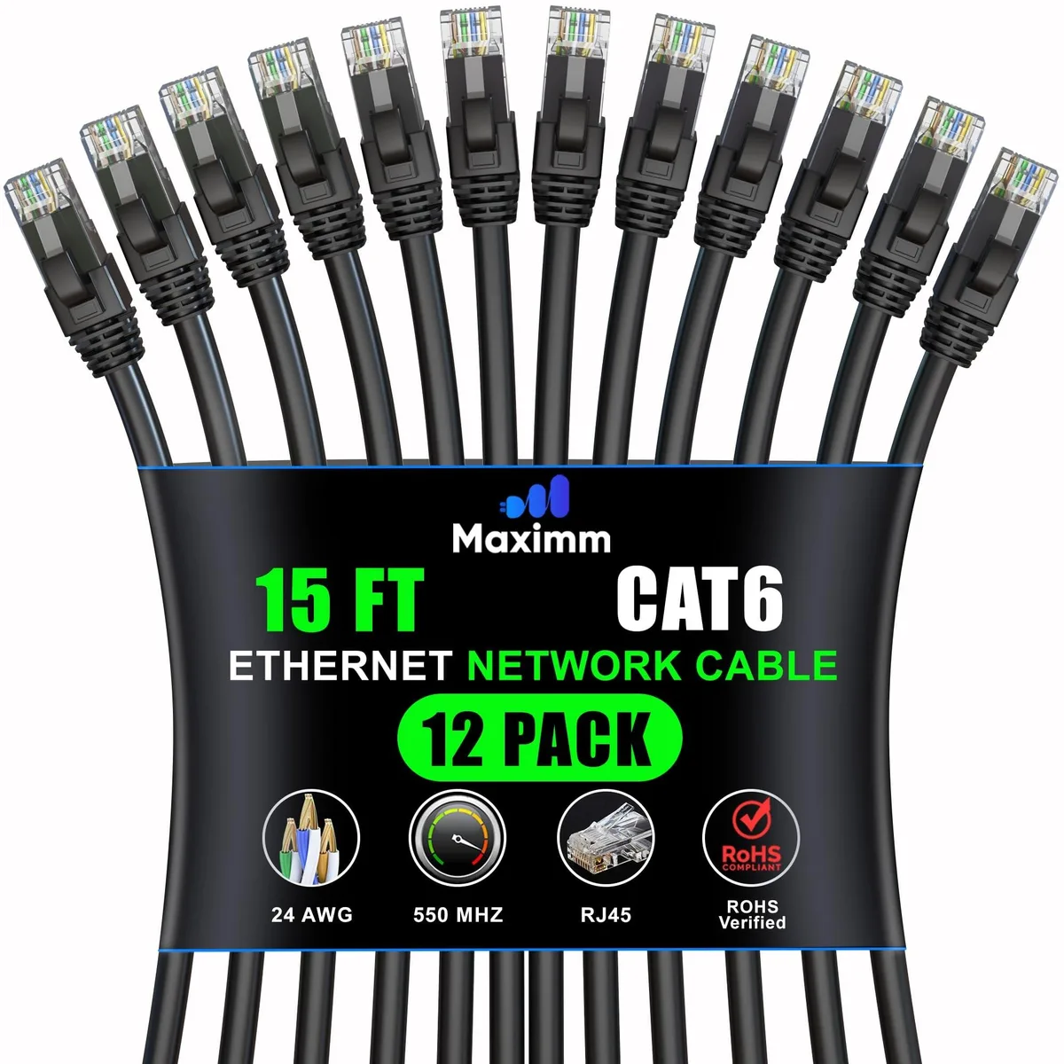 Twelve black Cat 6 Ethernet cables coiled together, each 15 ft long with gold RJ45 connectors and snagless boots