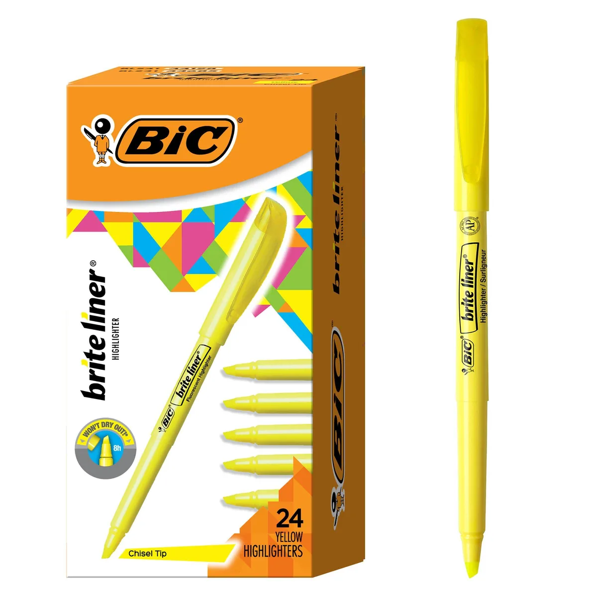 A rectangular box holding twenty-four yellow highlighters with chisel tips