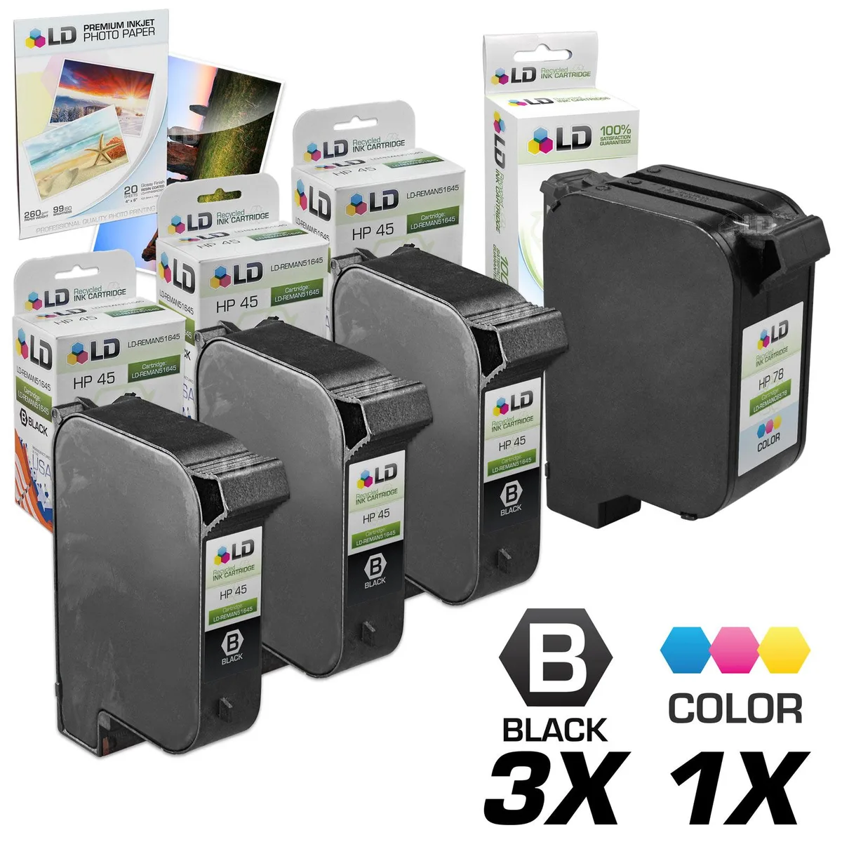 LD Products LD Products Remanufactured HP 45/78 Combo Ink Cartridges 3 Black 1 Color + 20 Photo Paper — product photo