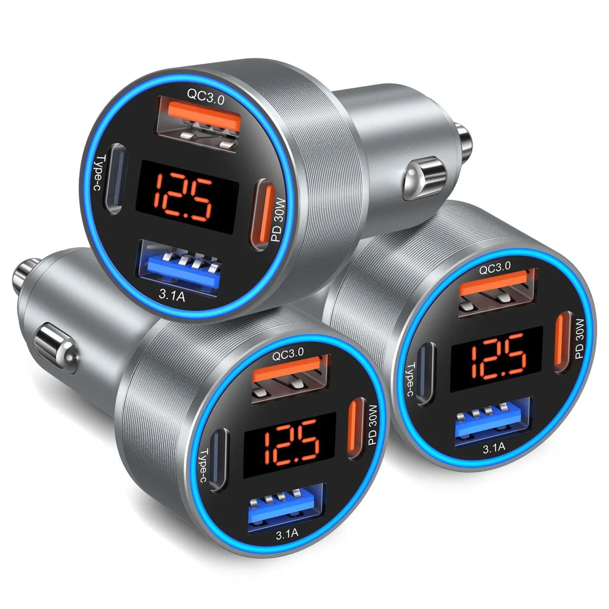 WRIARICH WRIARICH 3-Pack 65W USB-C Car Charger with Voltage Display — product photo