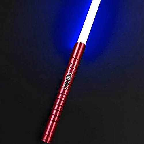 Metal-hilt lightsaber with blue illuminated blade and red handle, single button control