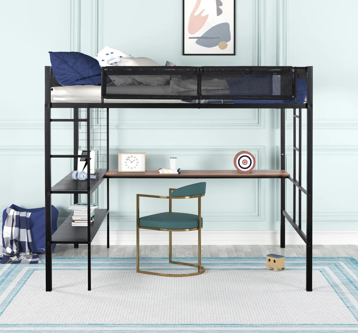 Black steel loft bed with built-in desk, two-tier shelves and side ladders
