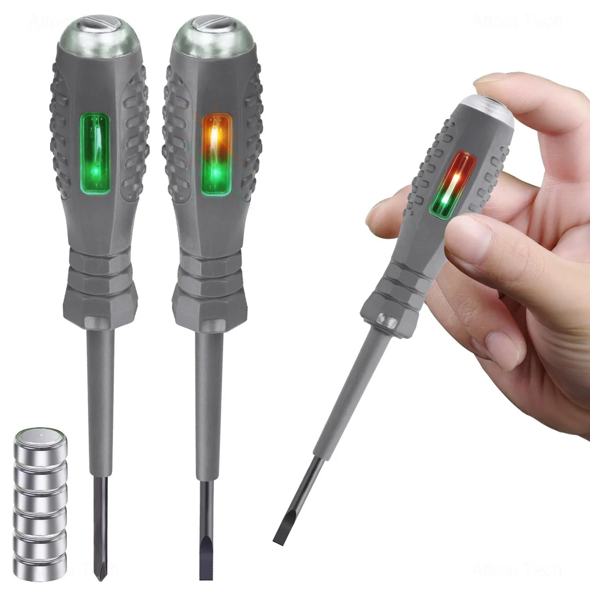 Two voltage tester screwdrivers with neon tubes and magnetic dual-head tips