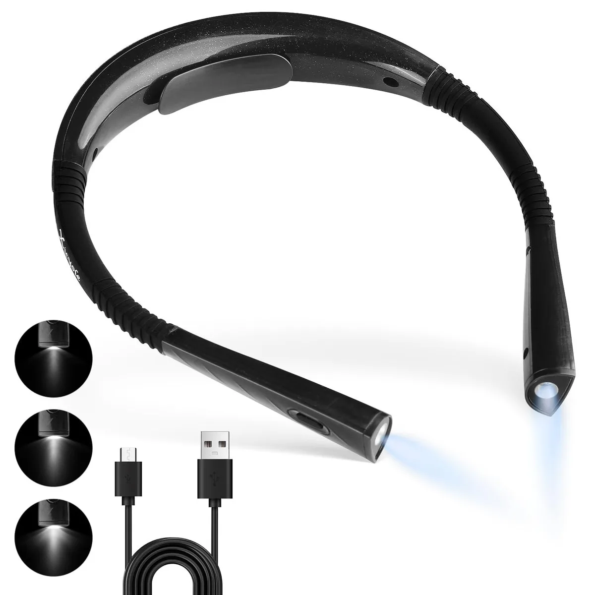 Neck-worn book light with flexible silicone arms, black finish