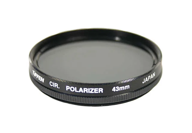 Thin 43mm circular polariser filter with neutral grey glass in black metal ring