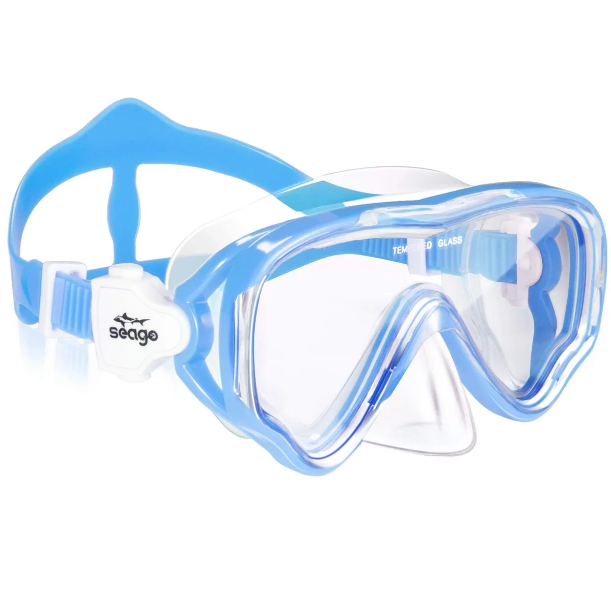  Seago Kids Swim Mask Blue Single Lens Silicone Rubber 180° Panoramic Anti-Fog Nose Cover Age 5-15 — product photo
