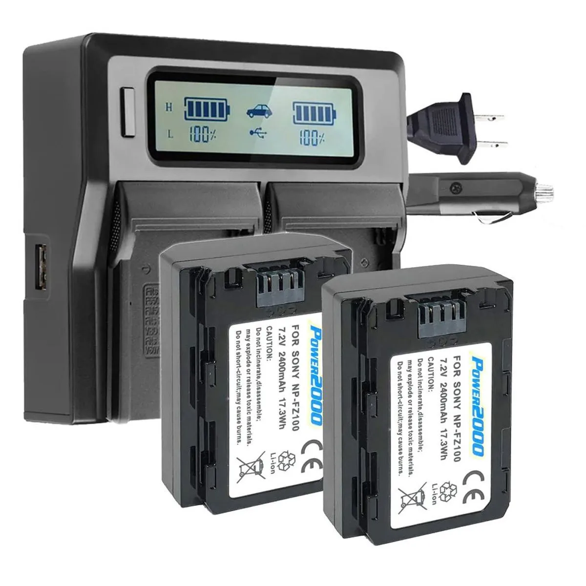 Power2000 Power2000 2x Sony NP-FZ100 7.2V 2400mAh Battery Kit with Dual LCD Charger — product photo