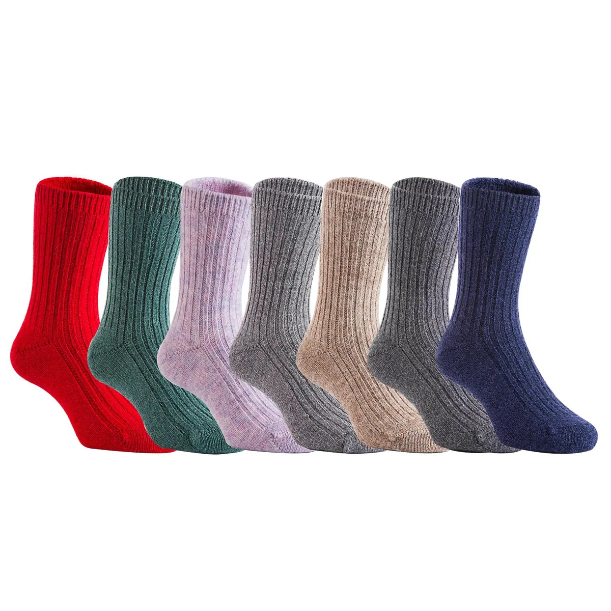 Twelve pairs of wool-blend crew socks in assorted colours, folded flat in a stack