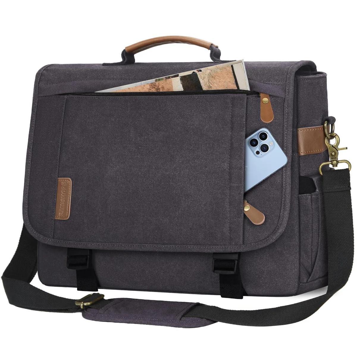 Gray water-resistant canvas messenger bag with brown leather trim and antique bronze hardware, padded 17-inch laptop compartment