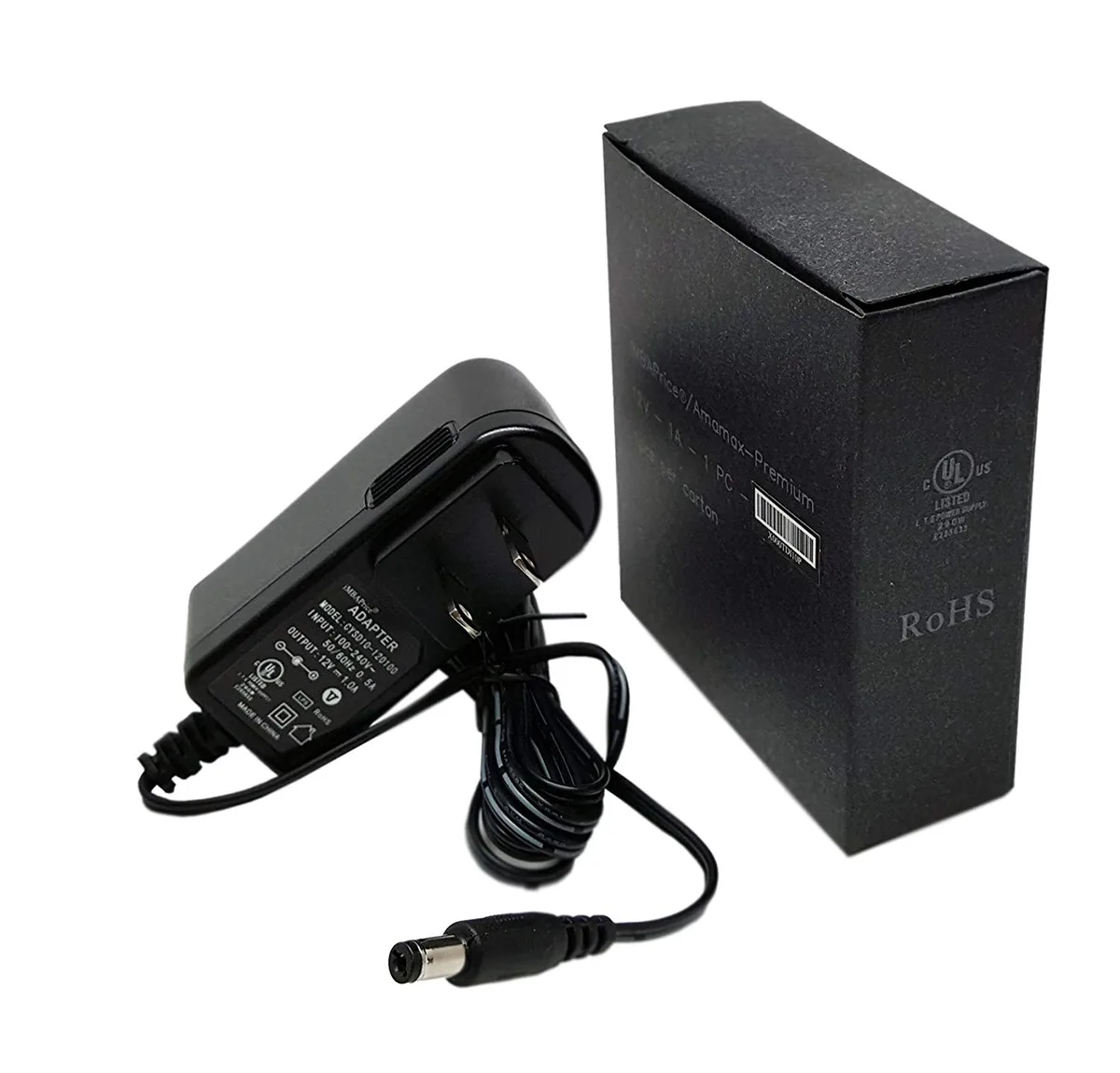 Black rectangular wall adapter with 5-foot cord and barrel connector