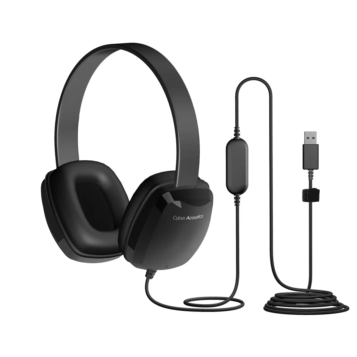 Black on-ear USB headset with adjustable headband and leatherette pads
