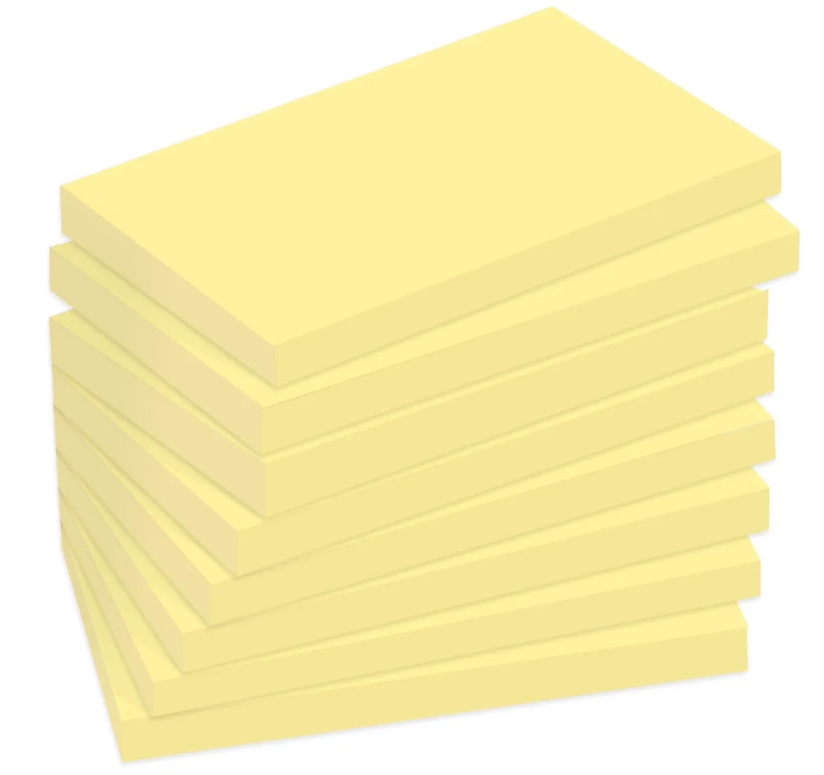 Twelve yellow sticky-note pads, each 76 by 127 mm, 100 sheets per pad