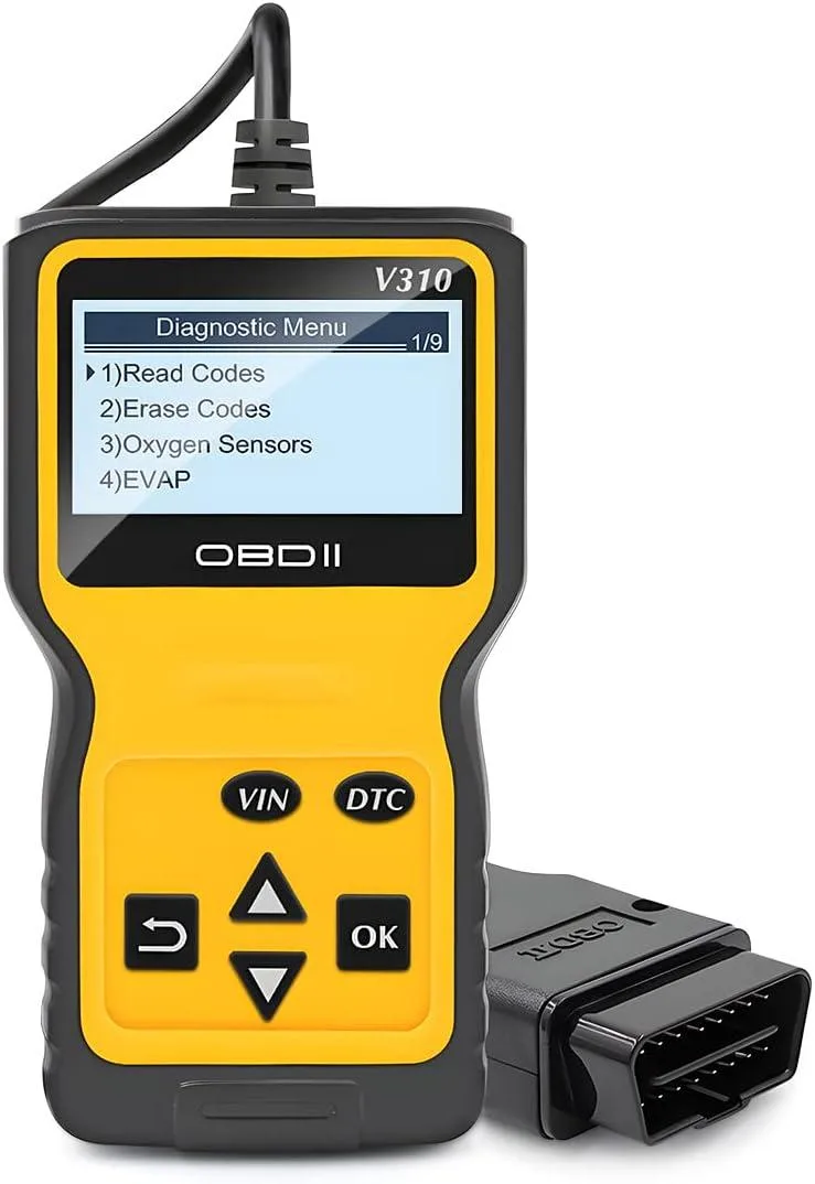 Compact handheld OBD2 scanner, dark rectangular body with screen and cable, 6.10 by 3.34 inches
