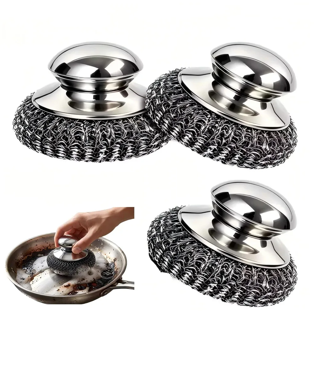  3Pcs Steel Wool Scrubber with Handle Stainless Tools Tableware Kitchen Pots Pans Sinks Cleaning Kit — product photo