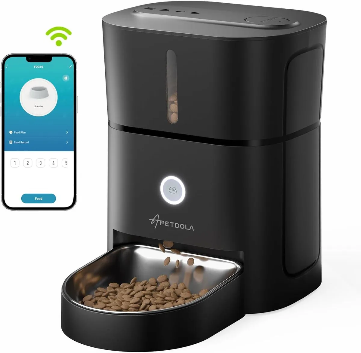 White cylindrical automatic pet feeder with 3L hopper, digital display and dual power ports