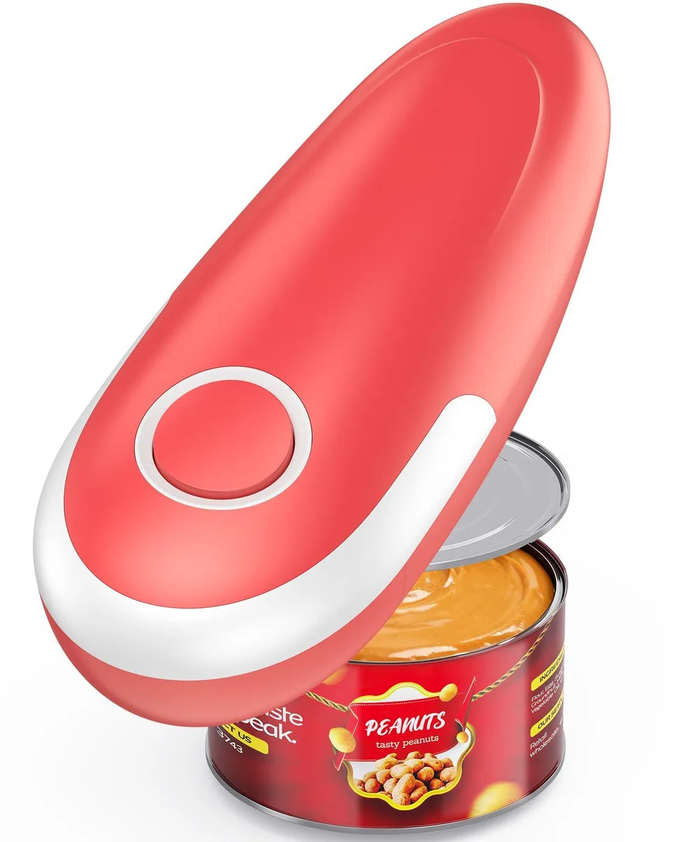 White automatic can opener with stainless steel blade and magnetic lid catch