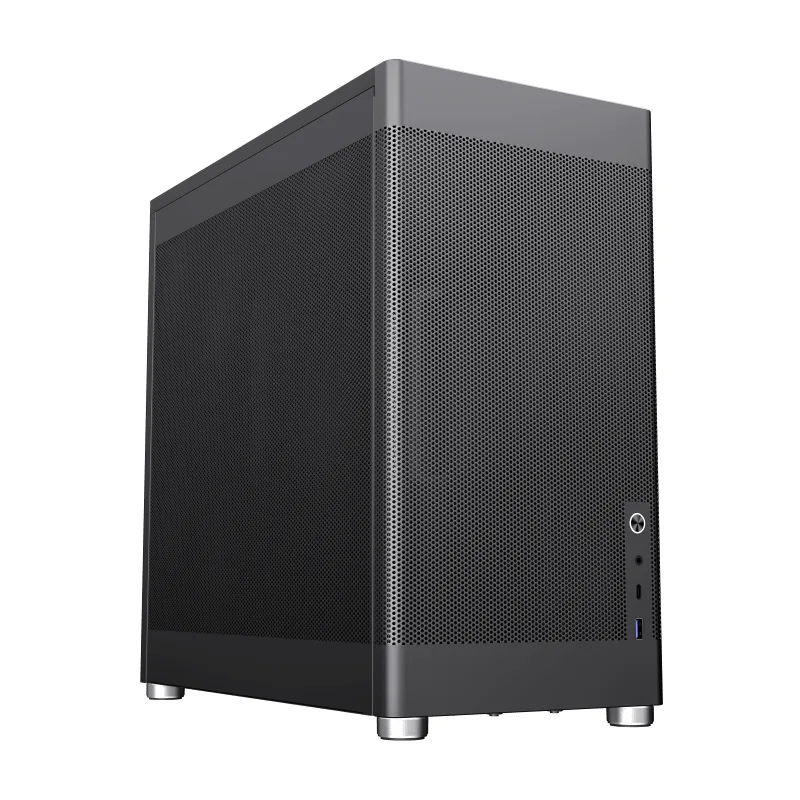 Black mid-tower case with full metal mesh front, top and both side panels, USB3.2 Type A and C ports on top