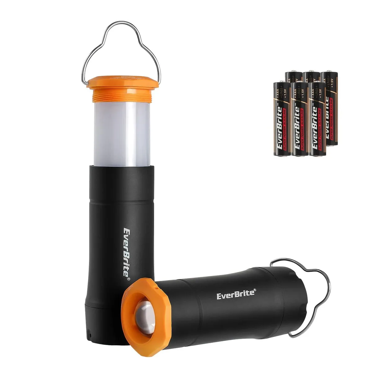 Two black mini LED flashlights with extendable lantern heads and removable hooks