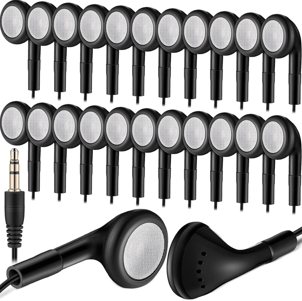 Bulk pack of 100 black wired earbuds, 90 cm cables, individually bagged