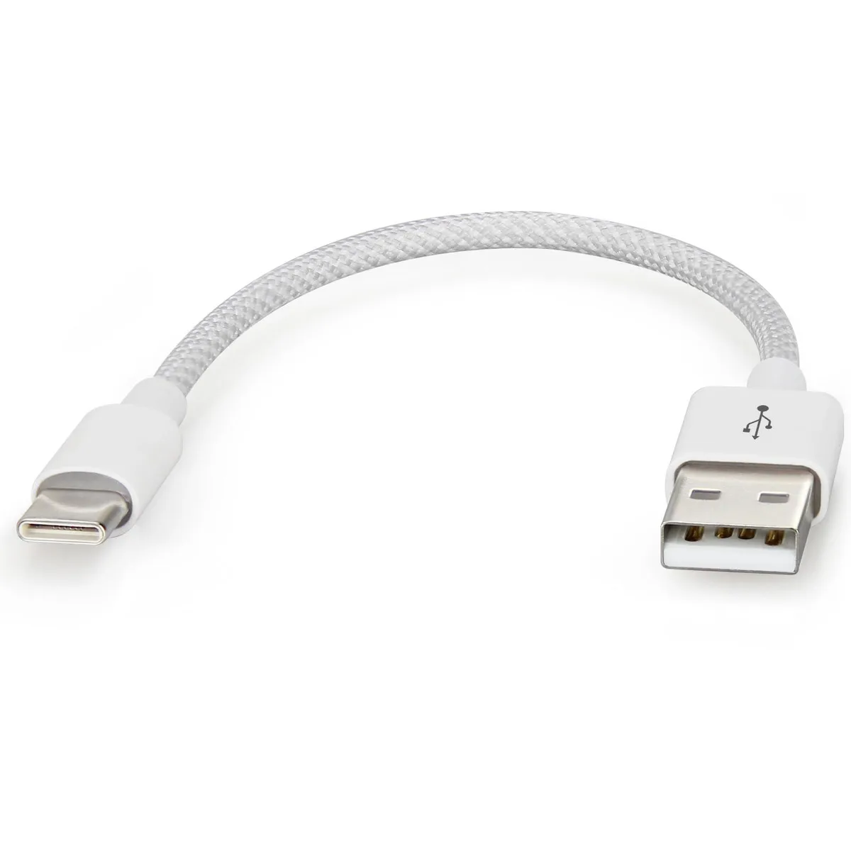 White braided USB-A to USB-C cable, 6 inches long