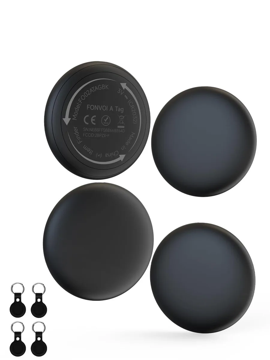 Four black square Bluetooth 5.3 trackers with silicone cases