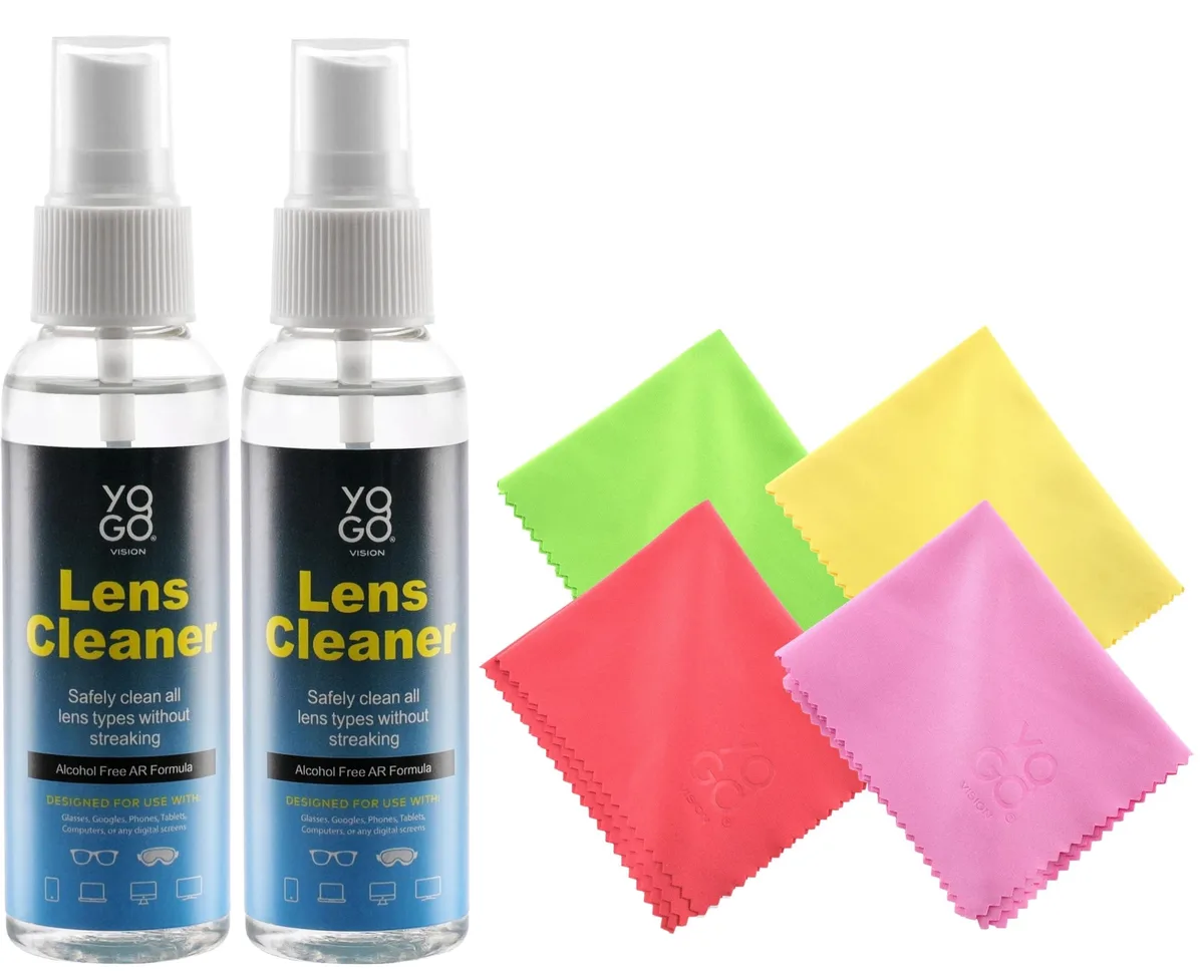 Two small clear spray bottles with four folded microfiber cloths