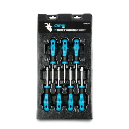 Seven chrome vanadium nut drivers with Kontour handles in a row