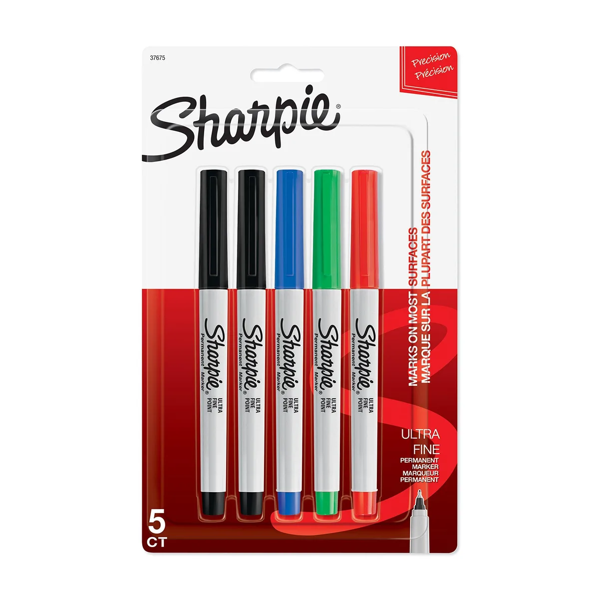 Five capped ultra-fine markers in green blue red and two black barrels