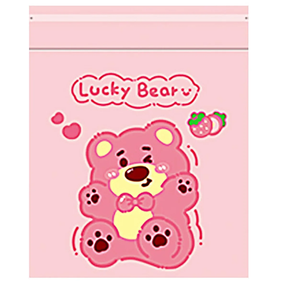 Pack of 50 small red polyethylene trash bags with bear print and self-adhesive strip