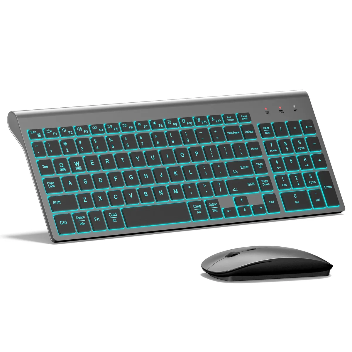 Gray ultra-slim wireless keyboard and mouse combo with backlit keys and compact nano receiver