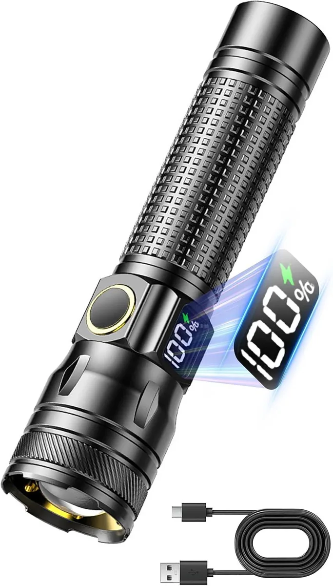 Compact aluminium flashlight with digital power display and USB-C port