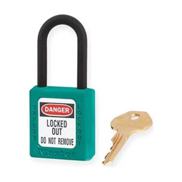 Teal thermoplastic padlock with plastic shackle 13/16 in clearance