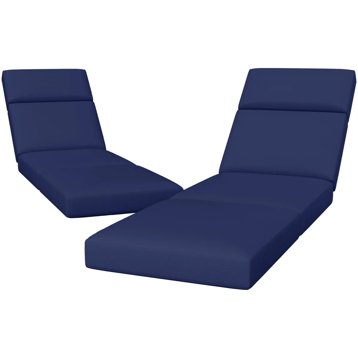 Two navy-blue quad-fold chaise cushions, 72 by 21 by 4 inches, thick foam core, polyester fabric finish