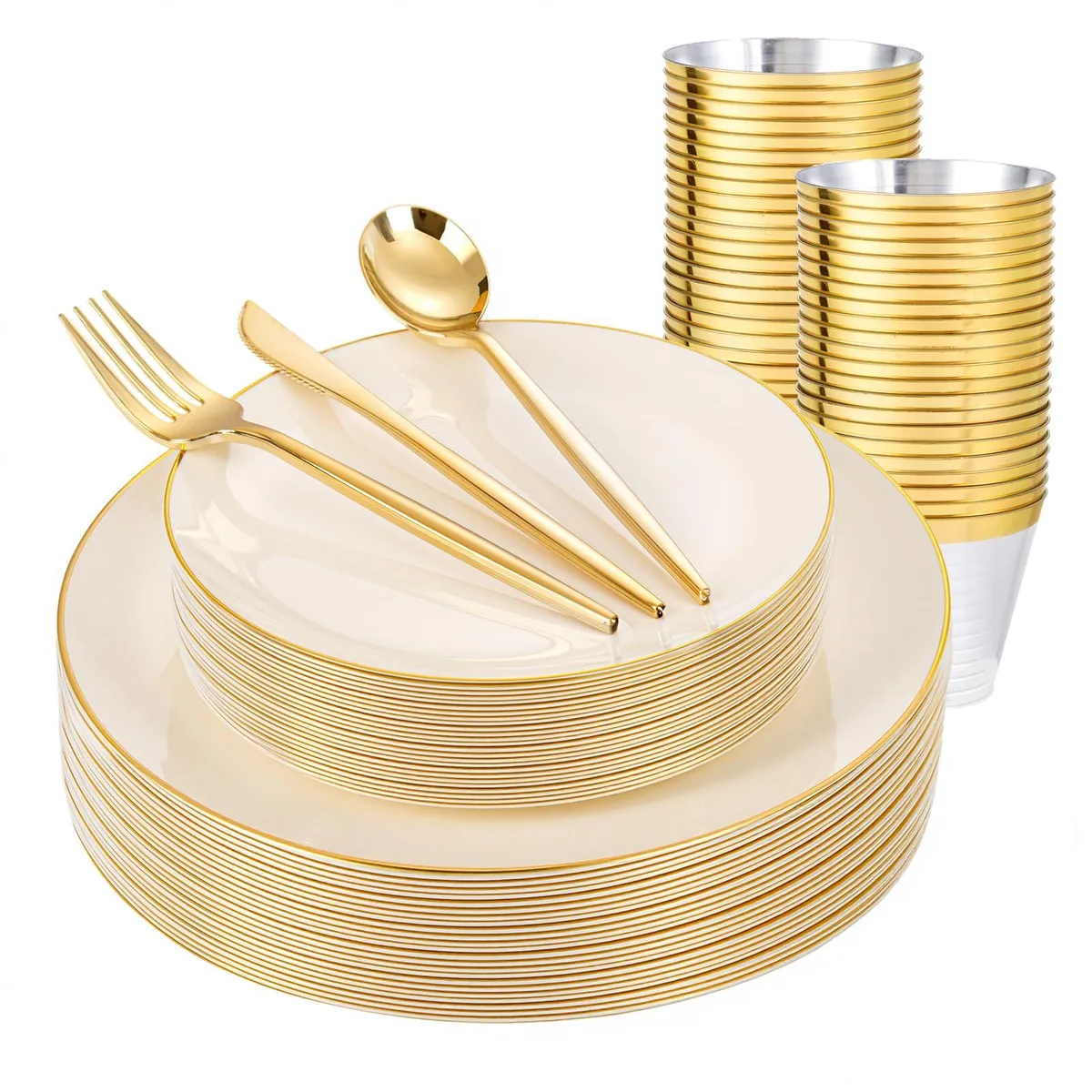 Silver stainless steel flatware set with floral handles, gold rim, in rectangular box