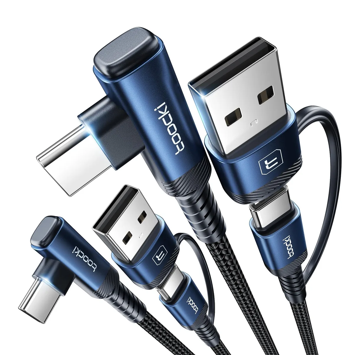  toocki 60W USB-C to USB-C &amp; USB-A to USB-C 2-Pack 6.6ft Right Angle Blue — product photo