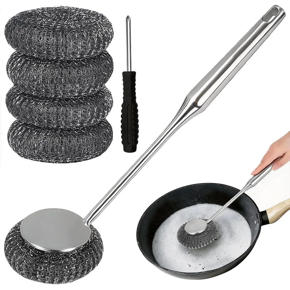  PXIRQ 6Pcs Steel Wool Scrubber Set with Long Handle — product photo