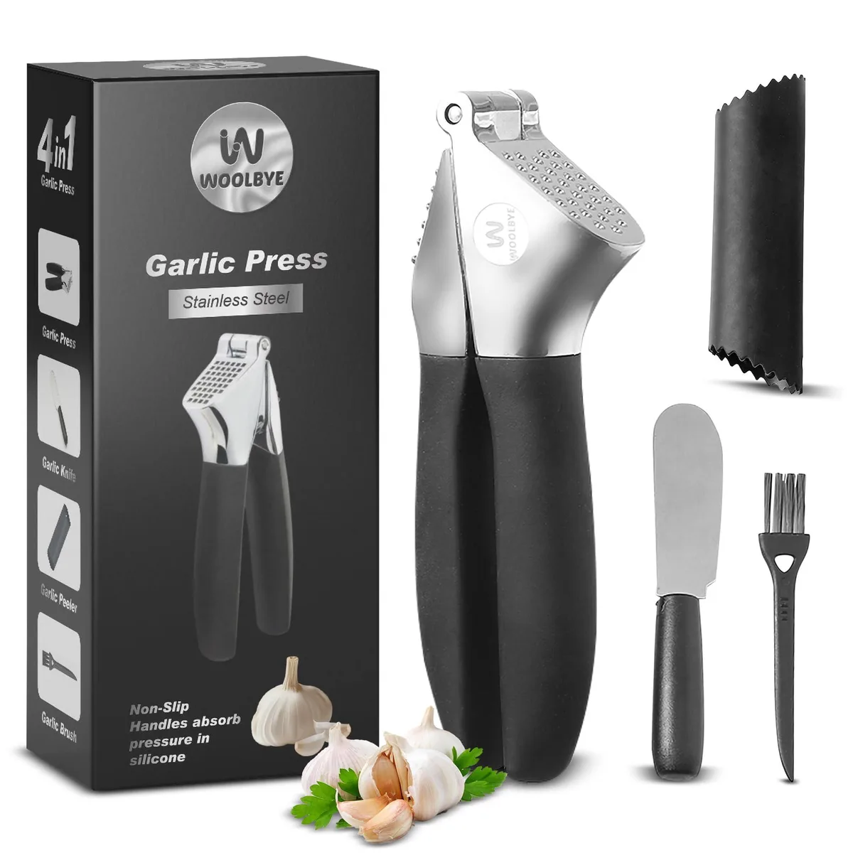 Black stainless steel garlic press with silicone handle and accessories