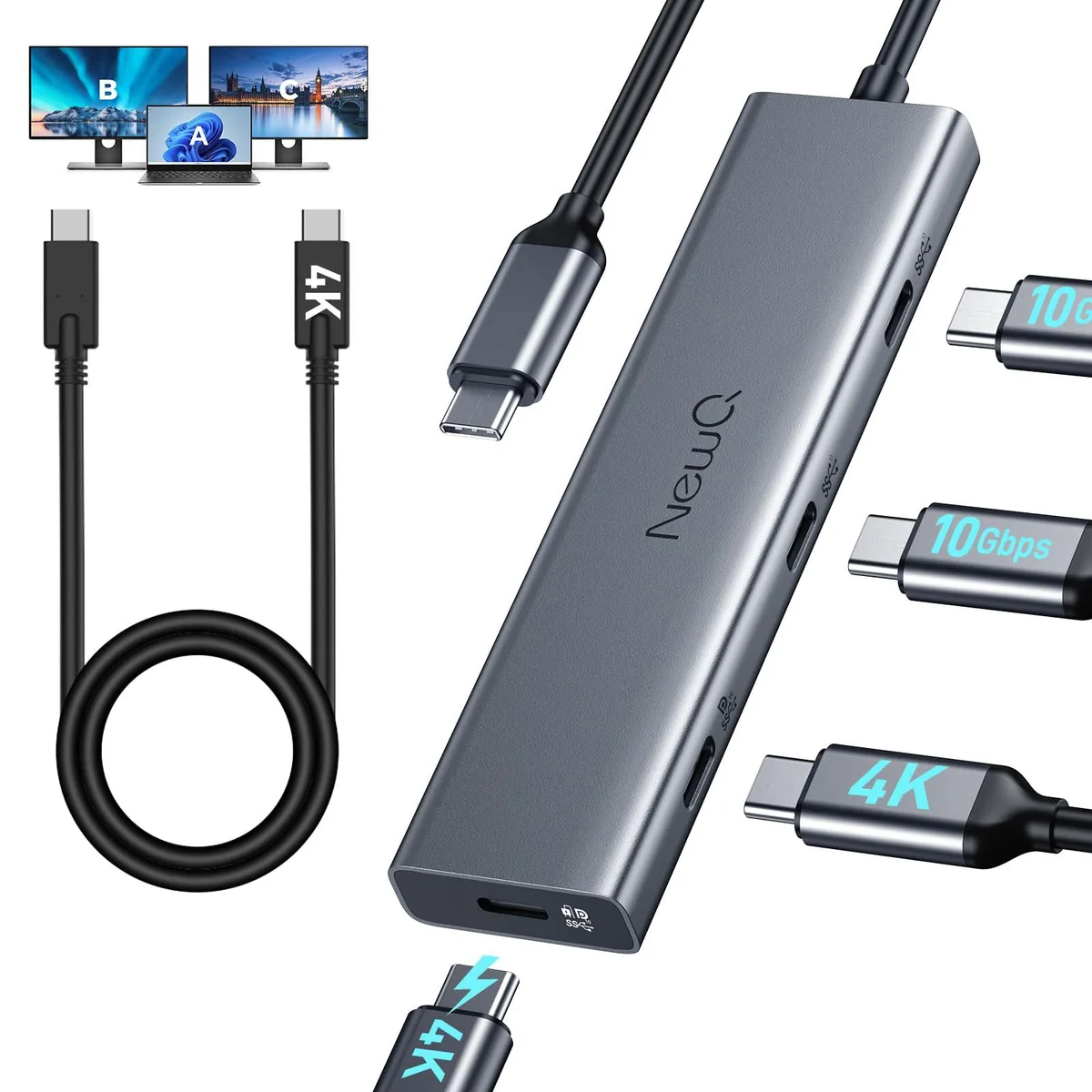  NEWQ NQ-HB-14 4-Port USB-C Splitter Grey 90 degree — product photo