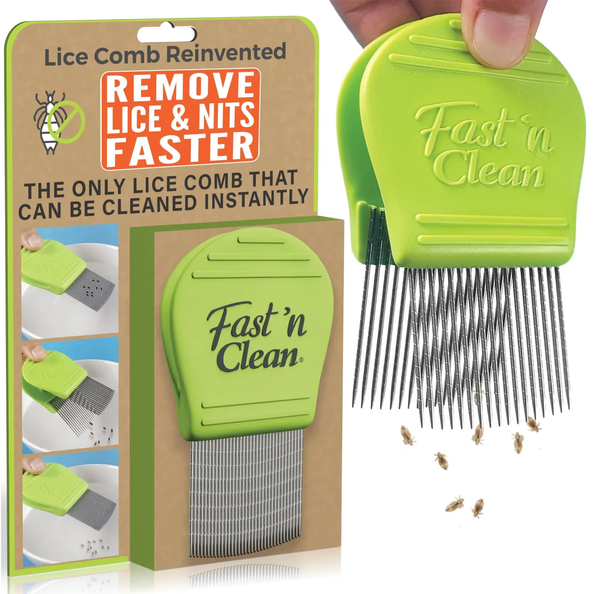 White plastic lice comb with self-cleaning press mechanism and stainless steel teeth